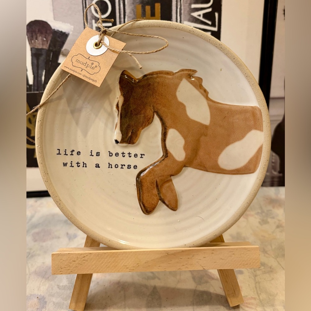 NIB MUD PIE ‘Life Is Better With A Horse' Ceramic Decorative Plate - Brown/White